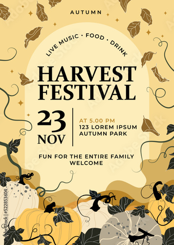 Autumn harvest festival design for flier, banner, poster, greeting cards, invitations with pumpkins, leaves on yellow background. Vector illustration.