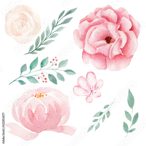 Obraz na płótnie Set of hand painted pink watercolor flowers and greenery leaves. w salonie