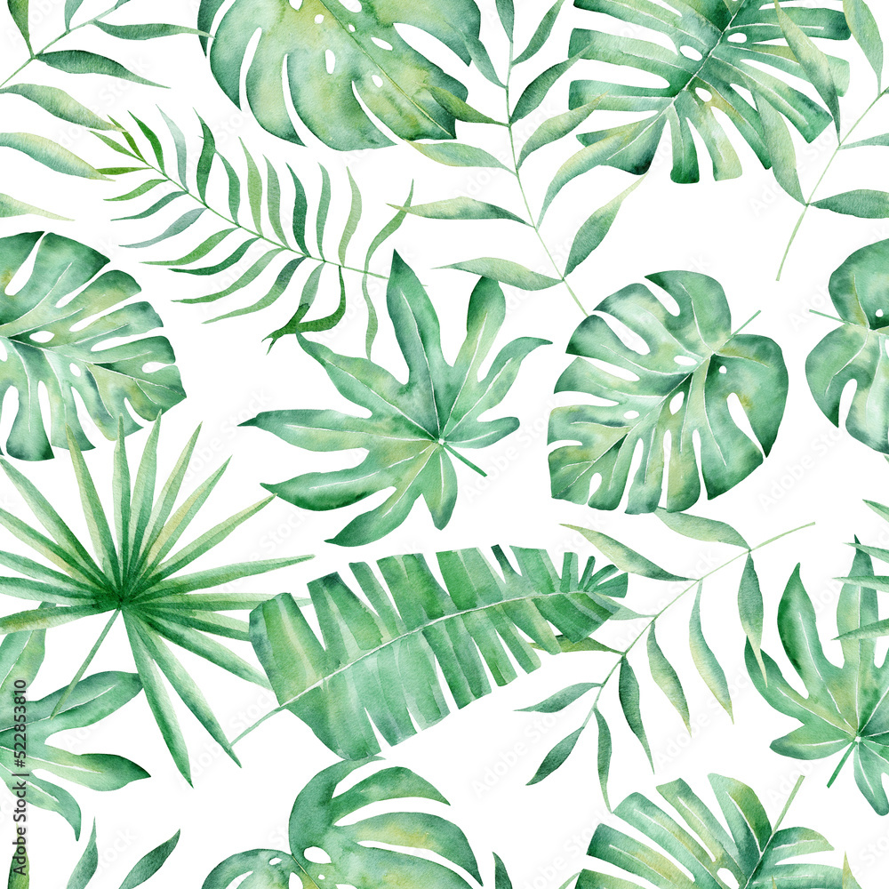 Watercolor seamless pattern with tropical leaves: palms, monstera. Beautiful allover print with hand drawn exotic plants.