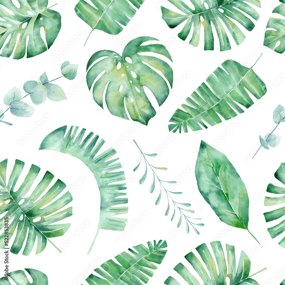 Watercolor seamless pattern with tropical leaves: palms, monstera. Beautiful allover print with hand drawn exotic plants.