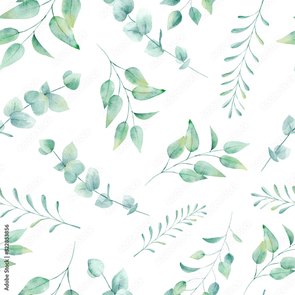 Watercolor seamless pattern with tropical leaves: palms, monstera. Beautiful allover print with hand drawn exotic plants.