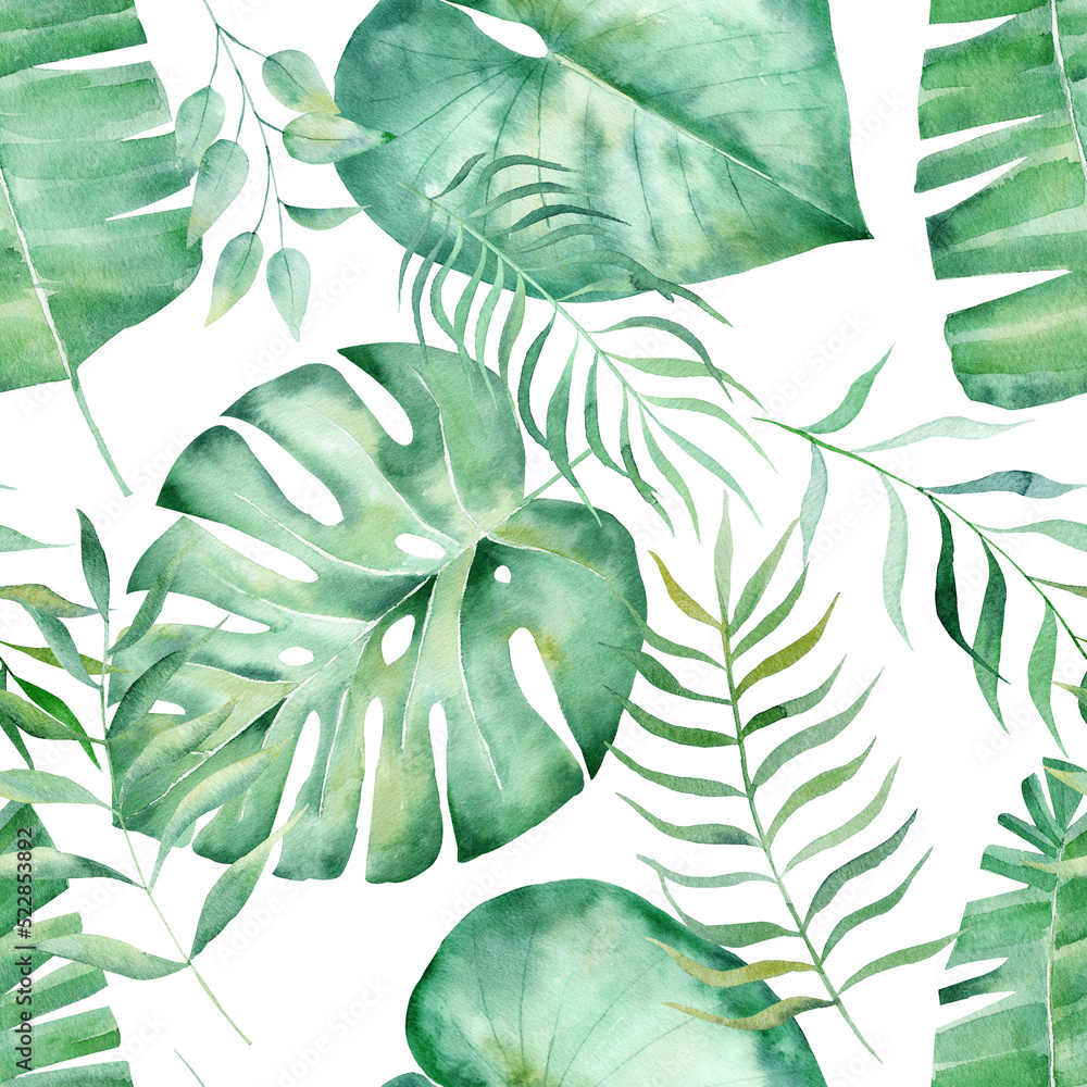 Watercolor seamless pattern with tropical leaves: palms, monstera. Beautiful allover print with hand drawn exotic plants.