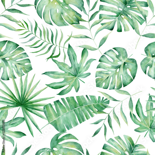 Watercolor seamless pattern with tropical leaves: palms, monstera. Beautiful allover print with hand drawn exotic plants. © tanialerro