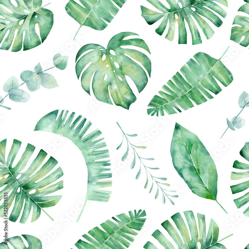 Obraz na płótnie Watercolor seamless pattern with tropical leaves: palms, monstera. Beautiful allover print with hand drawn exotic plants. w salonie