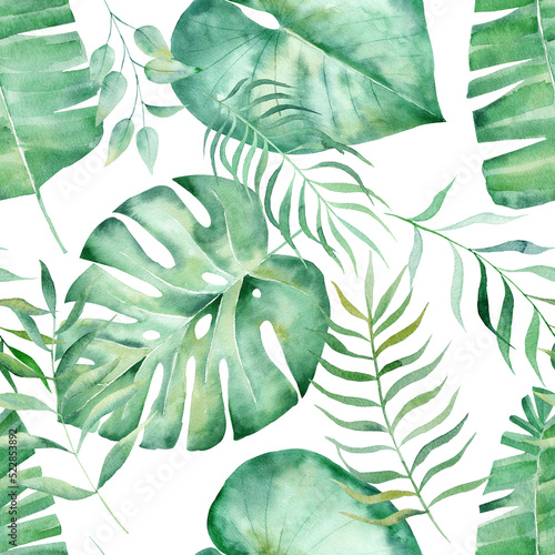 Obraz na płótnie Watercolor seamless pattern with tropical leaves: palms, monstera. Beautiful allover print with hand drawn exotic plants. w salonie