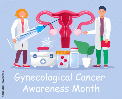 Gynecologic cancer awareness month concept vector for medical websites, app. Tiny doctor examines uterus and treat cervical cancer, give medication.