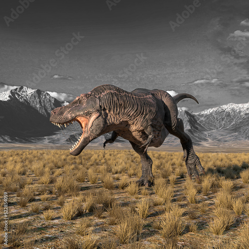 tyrannosaurus rex is hunting down in plains and mountains © DM7