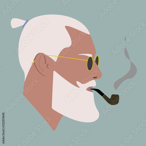 Portrait. Silhouette. Adult stylish man. Man smokes a pipe. Gray-haired man with a beard. Man in sunglasses