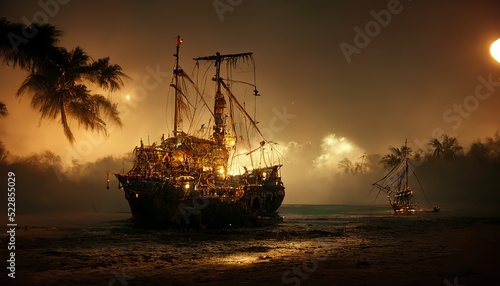 Canvas Print Raster illustration of old wooden ship in bay surrounded by palm trees