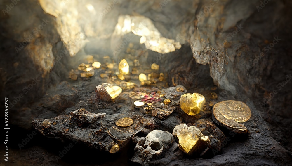 Ancient treasure hidden in a cave. Gold coins and nuggets, gems, yellow lights, diamonds lying on stones, chest, old, ruby. Fiction concept. 3D artwork raster background for business and advertising 素材庫插圖|