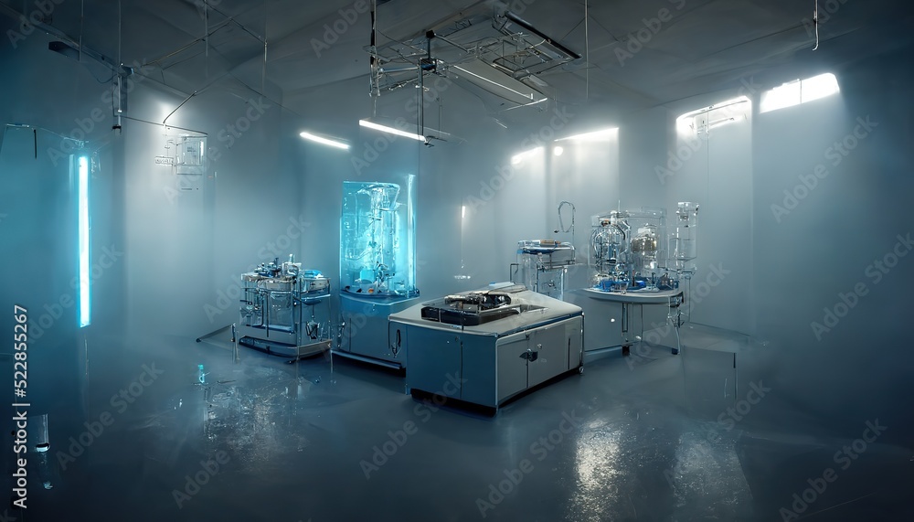 Raster illustration of scientific laboratory with neon lights ...