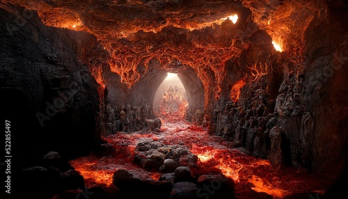 Raster illustration of beautiful cave in the rock. Hot cave due to magma and volcano, volcanic eruption, jewelry stones, deep dungeon, descent to hell, throne. 3D rendering artwork photo