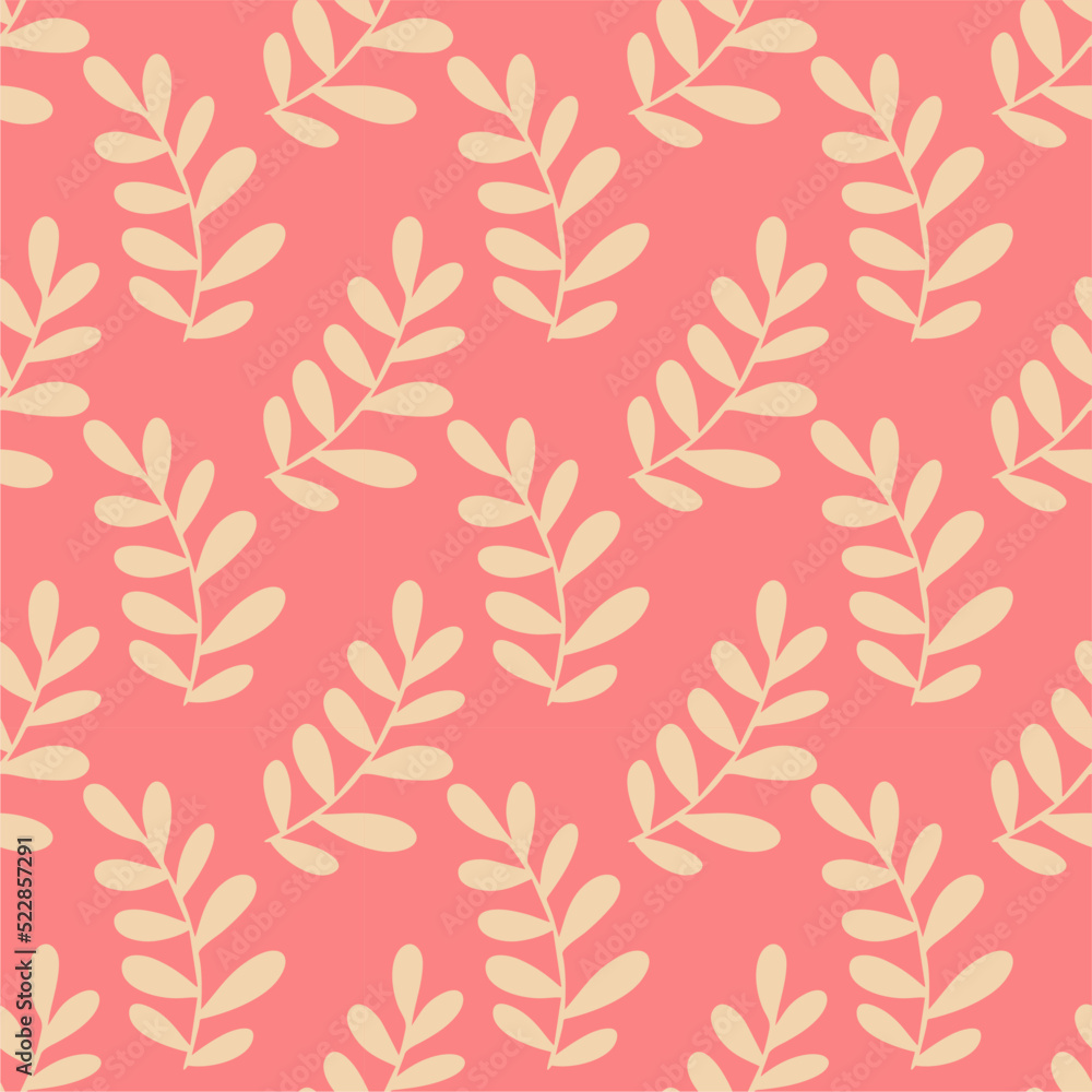 Seamless pattern with light branches with leaves on a pink background. Flat design, cartoon hand drawn, vector illustration.