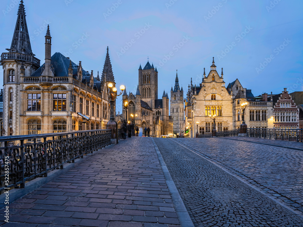 Historic medieval building illuminated in Ghent, Belgium