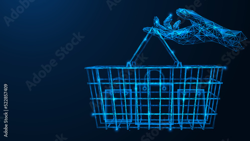 Hand holds a shopping basket. Online shopping. Polygonal design of lines and points. Blue background.