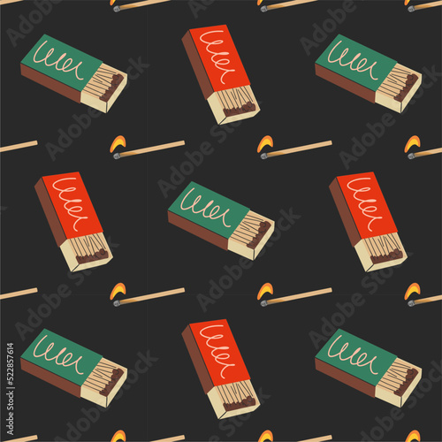 Matchbox and burning match seamless pattern, flat vector illustration. Bright print. Great for wrapping paper or printing.