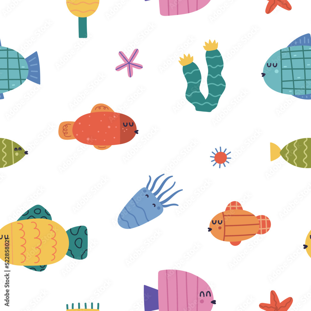 cute childish seamless pattern underwater world for nursery, textile, print cute childish seamless pattern underwater world for nursery, textile, print