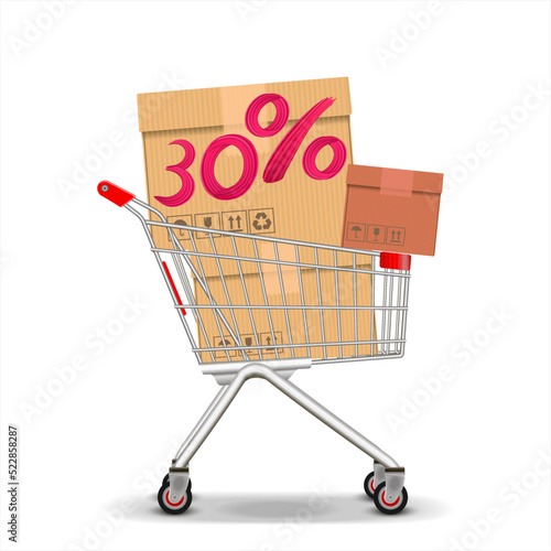 Discount concept. Supermarket Cart with Boxes. 30% Discount. Metal shopping cart for mall. Trolley on wheels to carry heavy items, purchasing. Vector illustration.