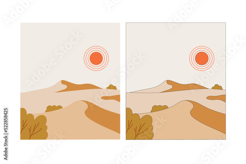 Desert landscape in flat design and line colored design. Desert dunes, Sahara. Hand-drawn dunes with sun, bushes, and sand.