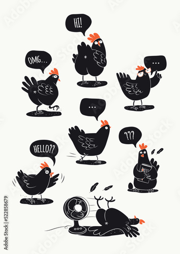 Set of Cartoon Funny Hens. Hand Drawn Simple Vector Illustration. Isolated Graphic. Cute Comic Characters.