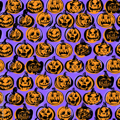 Seamless Vector Pattern with Jack-O'-Lantern of Halloween on Purple Background.