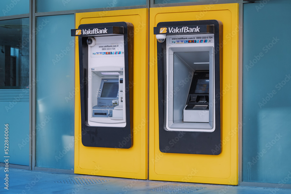 10 July 2022, Antalya, Turkey: Two ATMs for money withdrawal at the ...