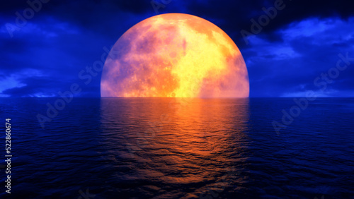 blood red moon over the ocean (3d rendering)