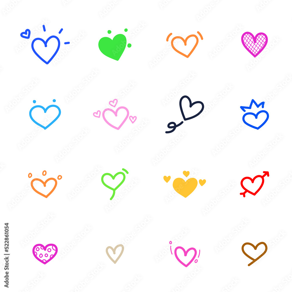 Conjunto de corazones de colores dibujados a mano, estilo línea simple