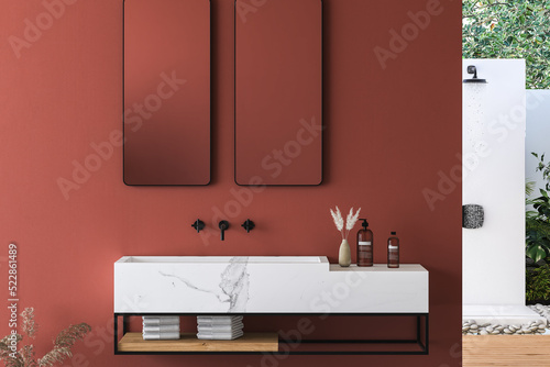 Close up of white marble basin with two mirrors hanging in on beige wall  minimal cabinet with black faucet in minimalist bathroom. Front view. 3d rendering