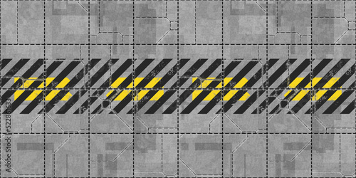 Fototapeta Naklejka Na Ścianę i Meble -  Seamless concrete or galvanized metal wall or floor panel background texture. Tileable silver grey with black and yellow warning stripe scifi spaceship runway or docking bay pattern. 3D rendering..