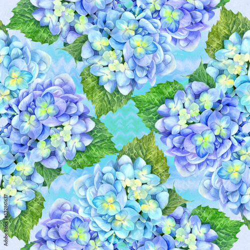 Hydrangea. Seamless wallpaper with floral motifs. Floral motifs. Decorative composition with flowers on a watercolor background. Use printed products  signs  posters  postcards  packaging.