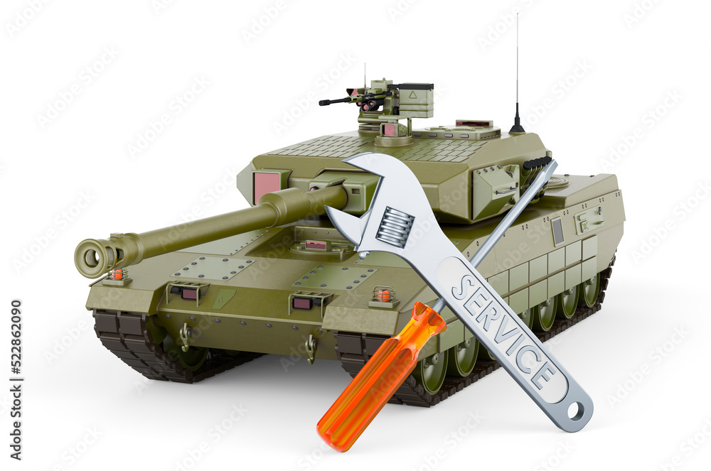 Repair and service of battle tank, 3D rendering Repair and service of battle tank, 3D rendering