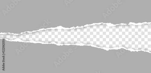 Realistic, torn, ripped strip of grey paper with a light shadow on a transparent background. Torn cardboard.