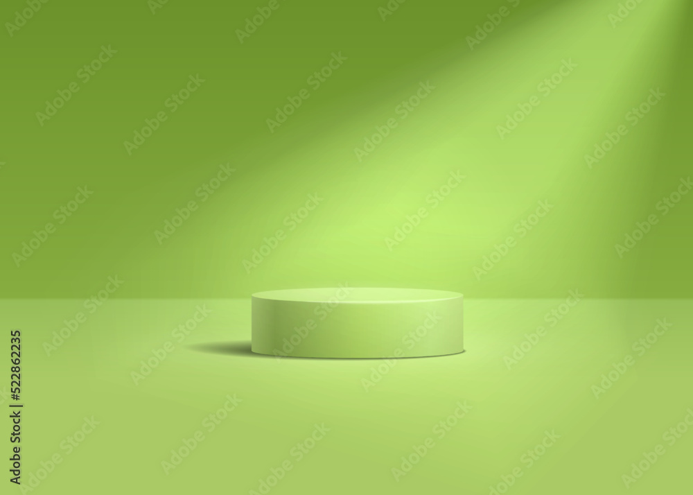 Green cylinder pedestal podium. Realistic vector rendering 3d shape. Studio room concept with podium and spotlight minimal wall scene Green cylinder pedestal podium. Realistic vector rendering 3d shape. Studio room concept with podium and spotlight minimal wall scene