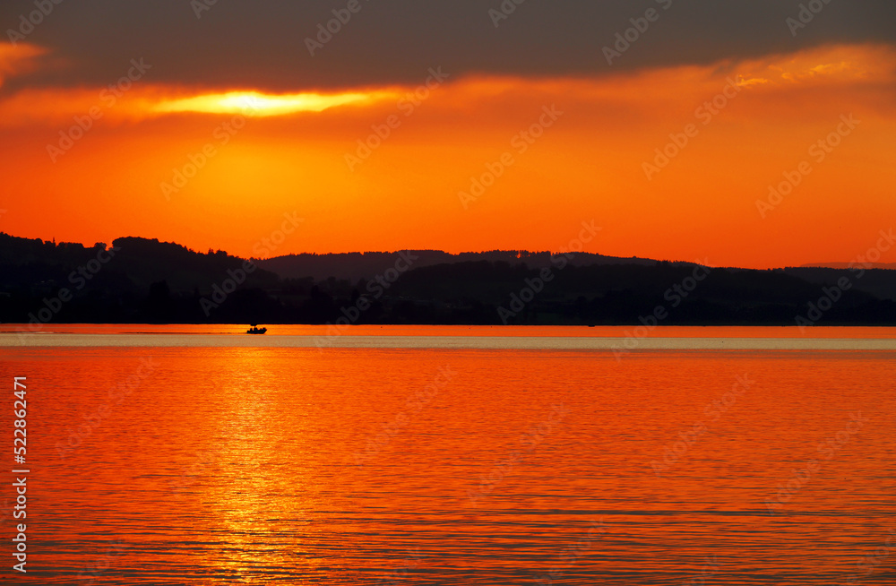 Sunset light over Sempach Lake in Switzerland, Europe