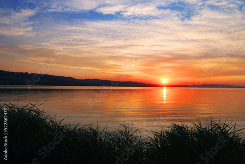 Sunset light over Sempach Lake in Switzerland  Europe