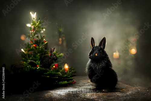 black water rabbit near small warm illuminated christmas tree, with greenish wall background - neural network ai generated painting-like art, picture produced with ai photo