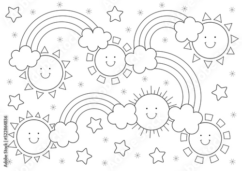 rainbow, clouds and sun coloring page for kids. black and white cartoon design that you can print on a4 size paper