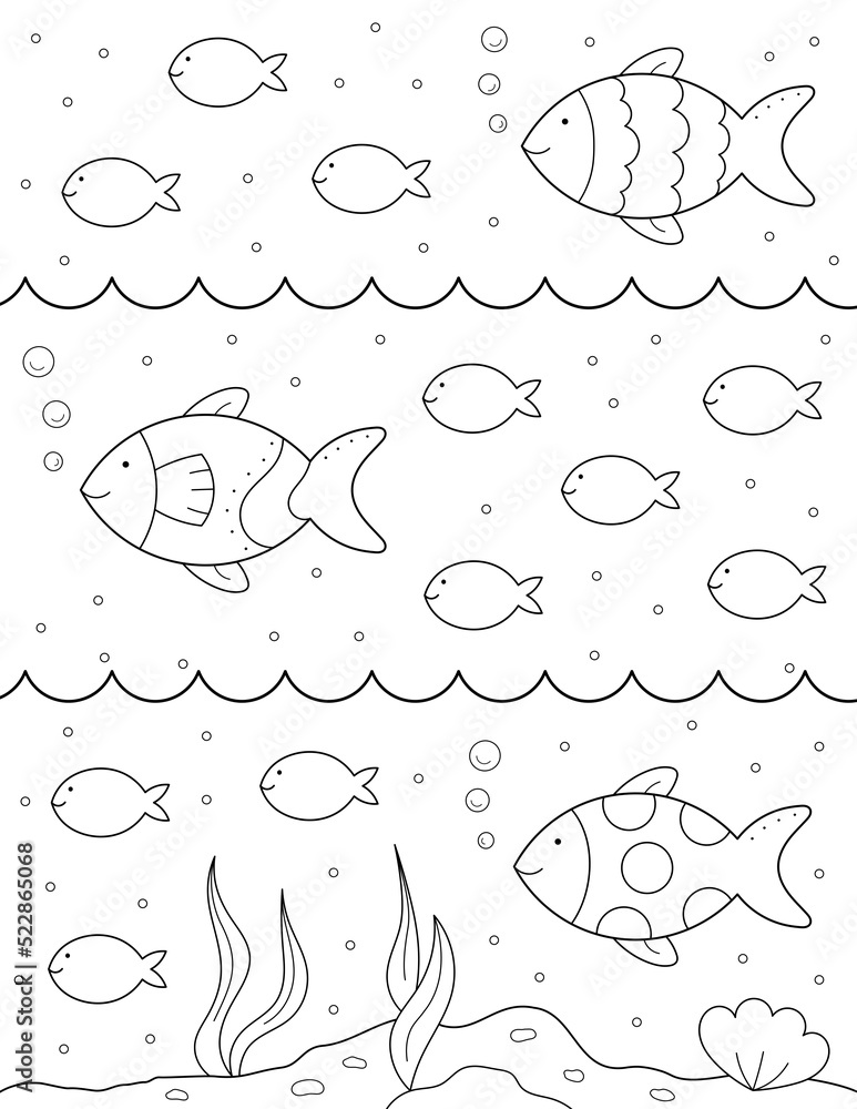 sea animals coloring page. black and white design that you can print on standard 8.5x11 inch paper