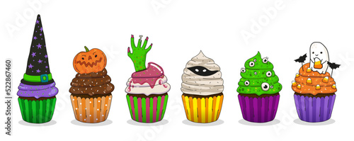 Six Cute Halloween Cupcakes on a white background. Isolated from background vector illustration