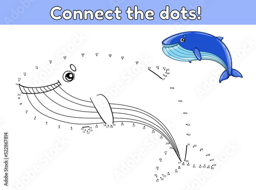 Connect the dots and draw a cute whale. Educational game for children. Cute whale. Vector illustration of cartoon sea animal.