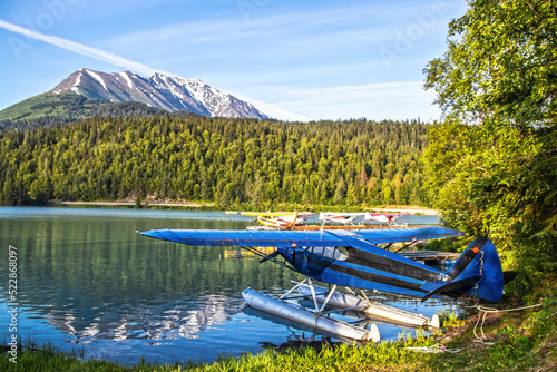 Float planes on Upper Trail Lake in Moose Pass on the Kenai Peninsula of Alaska. Snow topped mountain reflected in lake - Selective focus photo