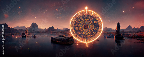 Backdrop of sacred zodiac symbols, astrology, alchemy, magic, sorcery and fortune telling. AI-generated digital painting. photo