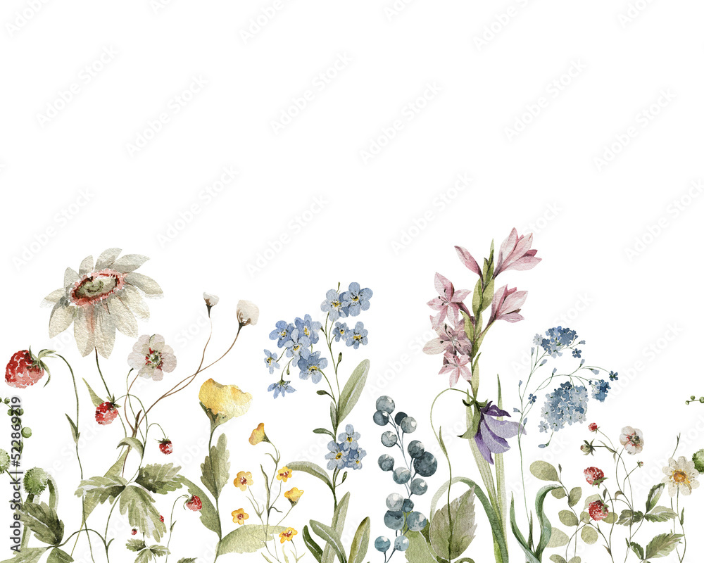 Watercolor floral seamless border. Hand painted frame of green leaves ...