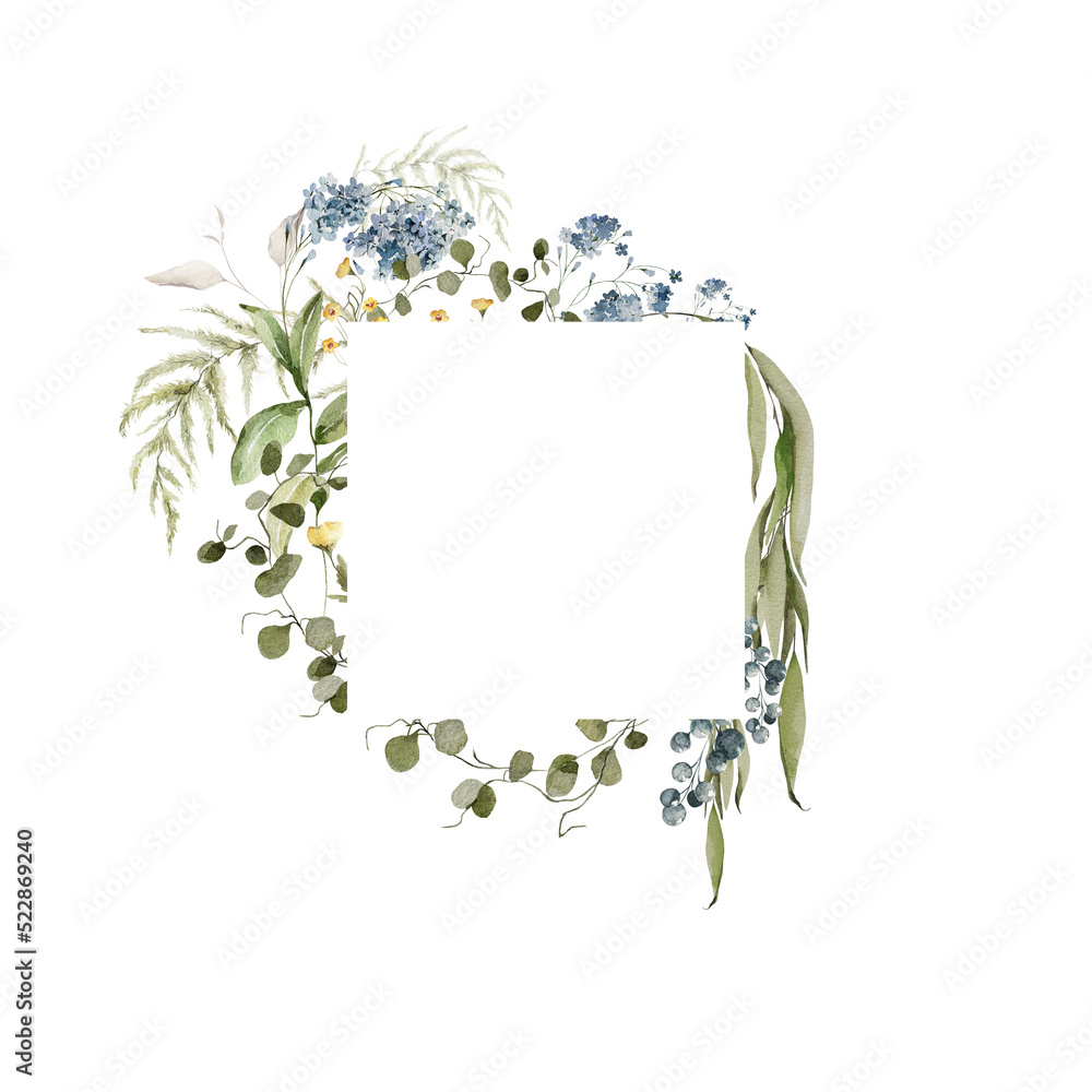 Fototapeta premium Watercolor floral wreath. Hand painted frame of greenery, wildflowers, herbs, strawberry, berries. Green leaves, field flowers isolated on white background. Botanical border for design, print
