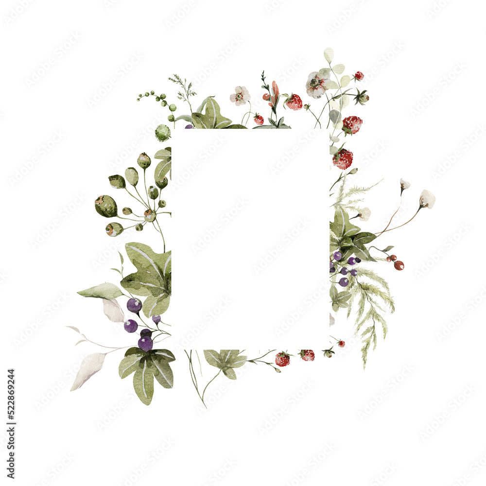Fototapeta premium Watercolor floral wreath. Hand painted frame of greenery, wildflowers, herbs, strawberry, berries. Green leaves, field flowers isolated on white background. Botanical border for design, print