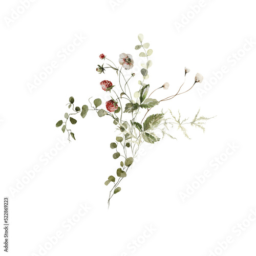 Watercolor floral bouquet. set of greenery  wildflowers  herbs  strawberry  berries. Green leaves  field flowers isolated on white background. Botanical illustration for design  print or background