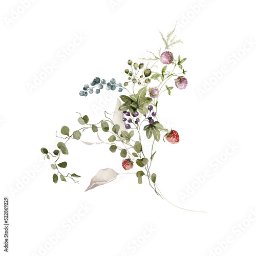 Watercolor floral bouquet. set of greenery, wildflowers, herbs, strawberry, berries. Green leaves, field flowers isolated on white background. Botanical illustration for design, print or background