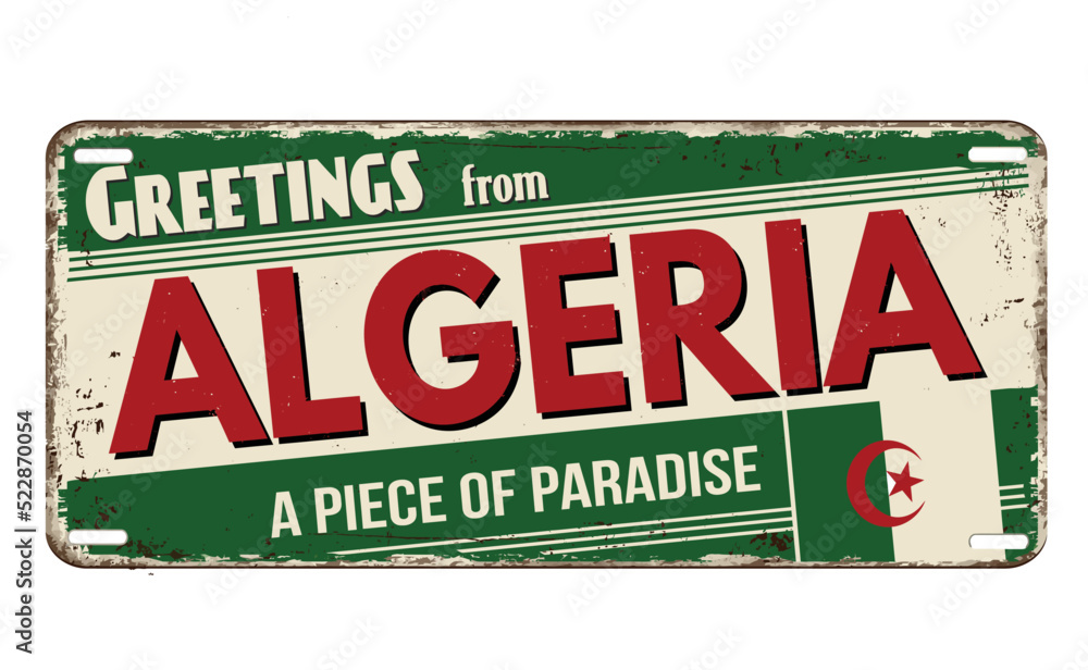 Greetings from Algeria vintage rusty metal plate