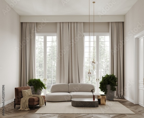 Fototapeta Naklejka Na Ścianę i Meble -  Classic minimalist living room with a grey sofa, brown armchair and forest view from the panoramic windows. Braided carpet on wooden parguet, golden coffee table, plants in a stone pots